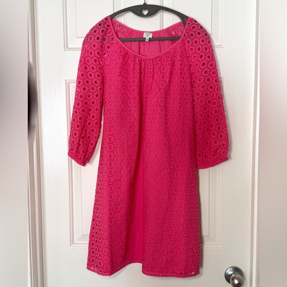 Crown & Ivy Hot Pink Eyelet Shift Dress Size 10P Cottagecore 3/4 Kentucky Derby